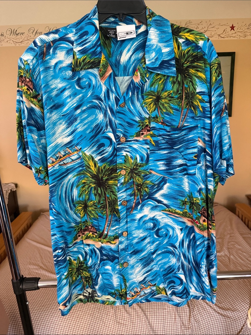 Men's Blue Tropical Palm-Print Casual Button-Down Shirt
